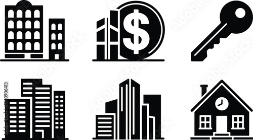 Set of six minimalist black and white silhouette illustrations of arborists climbing trees, forestry workers pruning, logging, arboriculture industry design