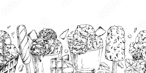 Popsicle ice cream bar lolly, chocolate chip mint and nuts gelato with cocoa flakes icing, syrup drizzle in waffle cone and paper cup, hand drawn in vector ink. graphic seamless banner header border.