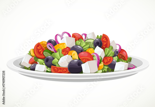 Greek salad of fresh vegetables and cheese in large white ceramic plate object isolated on a white background