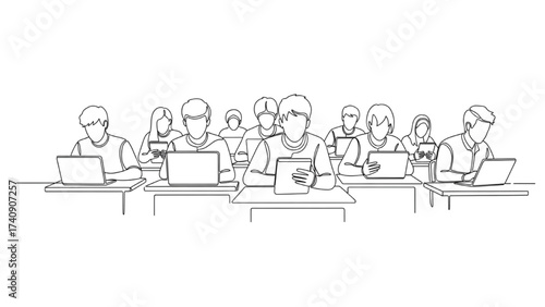 Continuous Line Drawing of Students Using Laptops and Tablets in Classroom – Digital Education Line Art Illustration