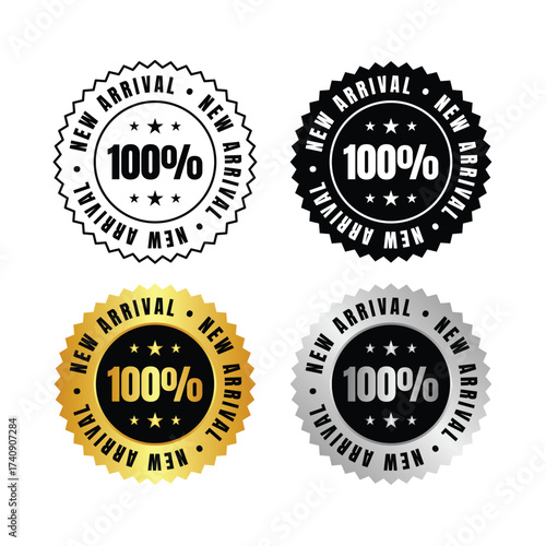 100 percent  four new arrival badges in black, gold, silver, and outline on a white background design element