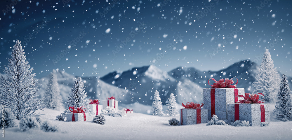 Naklejka premium a snowy landscape with christmas trees, presents, and mountains in the background. the sky is dark blue with stars shining through the falling snowflakes