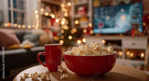 a cozy living room with warm lighting, a large bowl of popcorn on the coffee table, and an open red mug beside it. in front is a television playing christmas movies