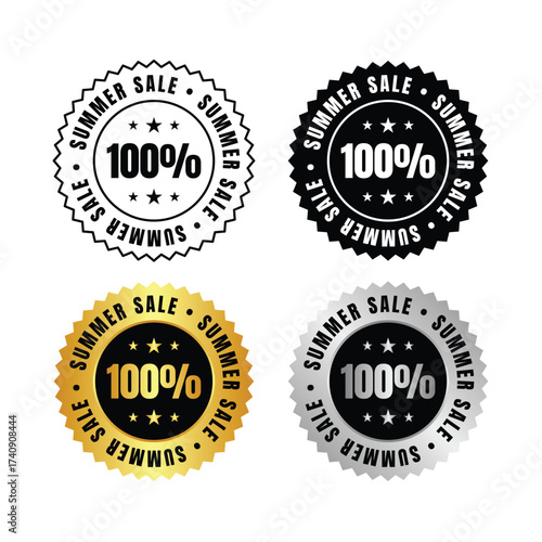 100 percent  four circular summer promotion stickers in black gold silver and outline variations on white