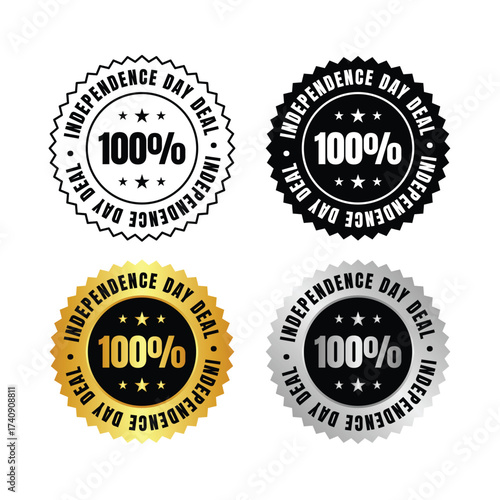 100 percent  four independence day deal stickers in black white gold and silver designs with stars and text