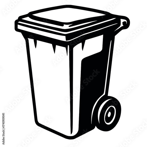 Highly Detailed Black and White Vector Illustration of a Wheeled Plastic Garbage Can, Perfect for Waste Management, Recycling Initiatives, and Environmental Graphics. An iconic symbol of urban cleanli