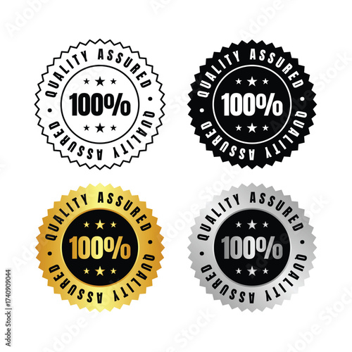 100 percent  four quality assured seals in black outline black gold and silver with stars and text inside