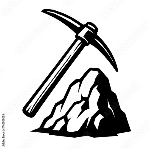 Classic Vintage Miner's Pickaxe and Ore Pile Illustration: A Powerful Emblem of Hard Work, Resource Extraction, Gold Prospecting, and Industrial Labor, Perfect for Historical Themes, Mining Company Lo