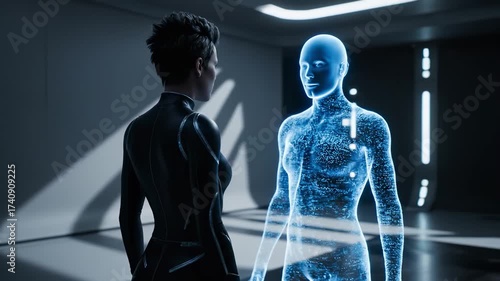 Inside a sleek lab, a person in a tech suit engages a glowing holographic figure, exploring identity, trust, and the edge of ai.