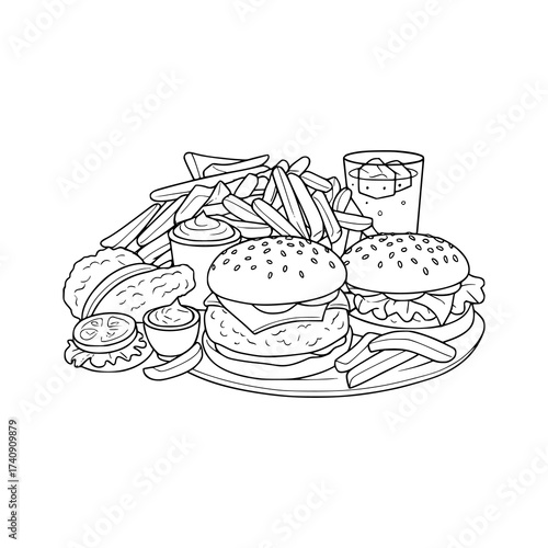 fast food illustration, clean black and white, cartoon style, bold outlines, no shading, no gradients, white background, perfect for coloring book