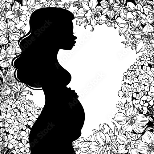 Silhouette of a beautiful young pregnant woman with lush hair on black and white fantasy wild flowers background