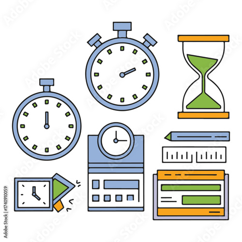Stopwatch and Hourglass Vector Set, Flat Design Timer, Countdown Clock, Productivity Icons