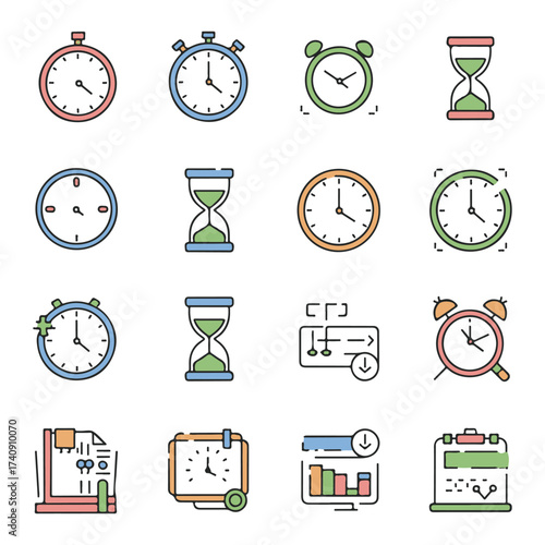 Clock and Timer Icons Set, Analog, Digital, Stopwatch, Alarm, Hourglass, Schedule Vector Design