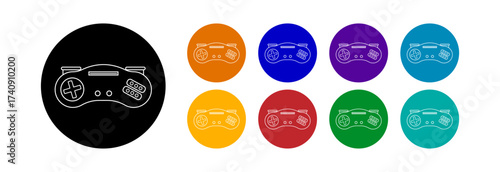 Video game controller icon with colored buttons. Set of icons on white and black background.