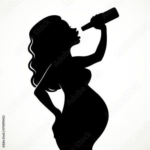 Drinking beer pregnant woman silhouette isolated on white background