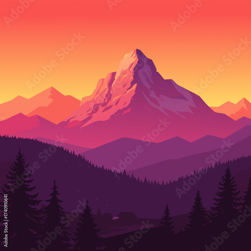 Vibrant vector art of a majestic mountain landscape at sunset, with layered hills, pine trees, and a peaceful cabin, capturing natural serenity