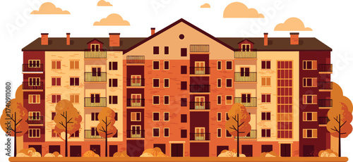 Vector Apartment Building with Autumn Trees