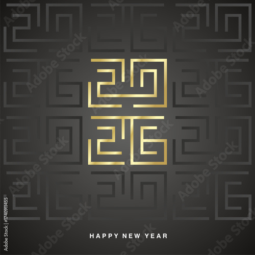 Happy New Year 2026 gold white cyberspace high tech year 2026 typography greek mystic ornament abstract pattern on black background