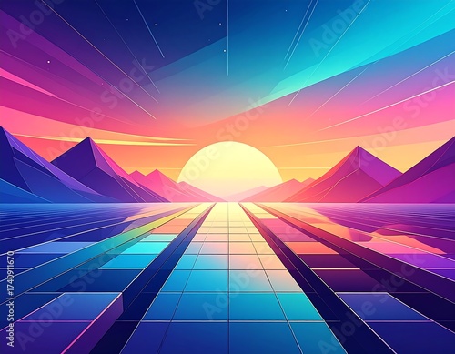 A vibrant sunset scene reflecting on a geometric, tiled surface