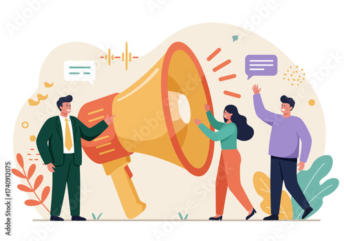 Business people announcing loud message through megaphone. Tiny characters drawing attention to news flat vector illustration. Warning content concept for banner, website design or landing web page