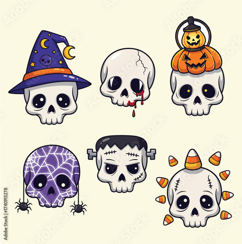 Collection of six cute and spooky halloween skulls with different costumes and decorations isolated on white background