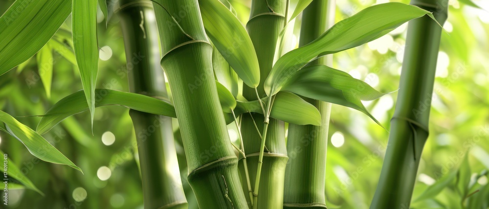 Fototapeta premium Bamboo forest close up shot and green leafs bokeh sunlgiht.