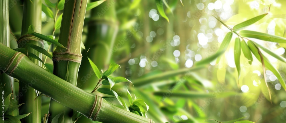 Obraz premium Bamboo forest close up shot and green leafs bokeh sunlgiht.