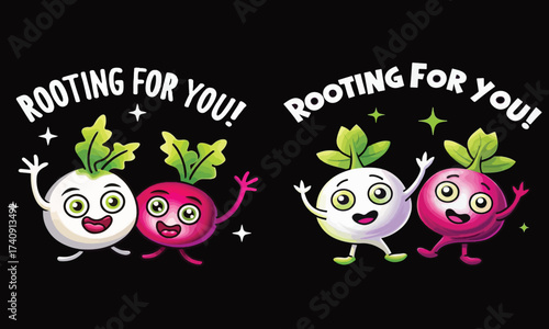 Rooting for You — Cute Vegetable Friends Illustration with Positive Pun .