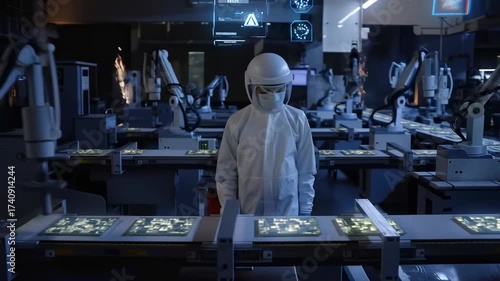 Robotic arms and a technician in a cleanroom oversee illuminated circuit boards on a smart assembly line with holographic data.