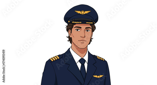 Man in pilot uniform dark hair cap navy suit wings emblem