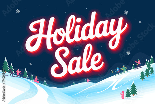 Holiday sale on the ski resort with skiers and snow covered trees at night