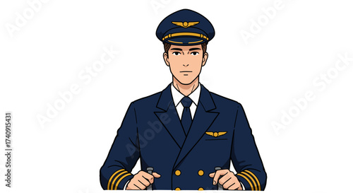 A pilot in a navy uniform with gold stripes on the sleeves and gold buttons on the jacket with a matching hat