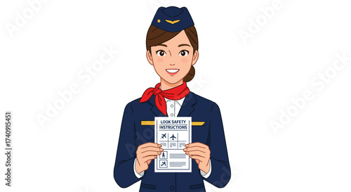 A flight attendant in uniform holds a safety instruction card