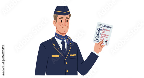 Airman presents safety instructions wearing a navy uniform and hat