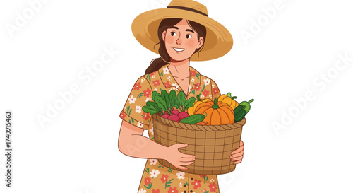 A person with a hat holds a basket full of pumpkins squash and beets