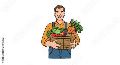 A man smiles holding a basket of vegetables like tomatoes carrots cabbage eggplant and potatoes