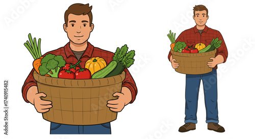 Man holding large vegetable basket fullfigure depiction