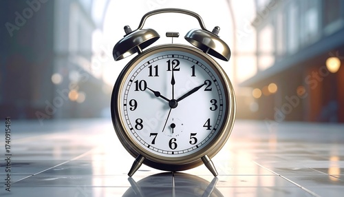 Vintage Alarm Clock Showing Time: A Classic Timepiece on a Reflective Surface