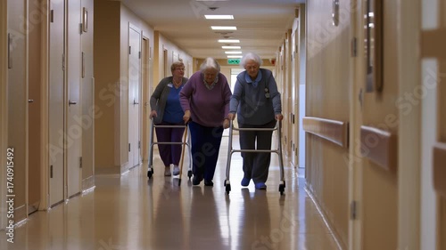 Elders take a slow walk with walkers and canes down a quiet care home corridor, practicing balance and mobility.