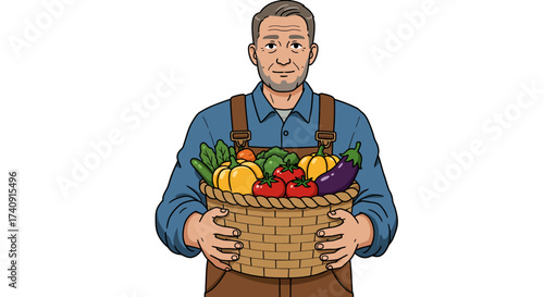 Farmer holds a basket brimming with various colorful vegetables against a white backdrop