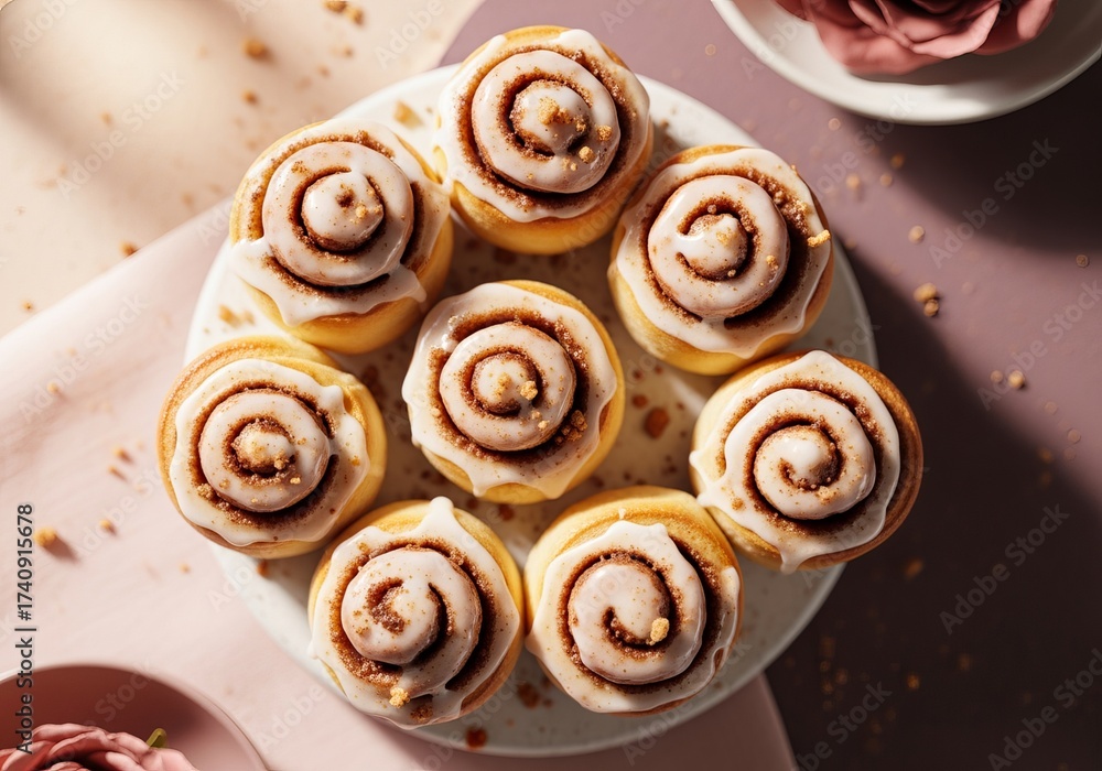 Fototapeta premium Mini cinnamon rolls with glossy icing on pink background