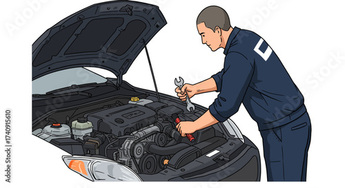 A mechanic in a navy uniform repairs a car wrench  red tool in hand Hood open