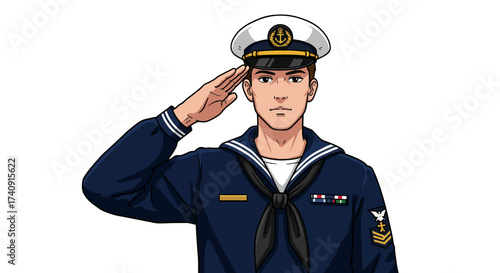 Cartoon sailor in navy uniform saluting against a white background
