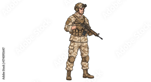 Soldier in desert camo stands holding rifle helmet  gear