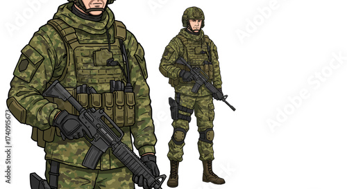 Two soldiers in camouflage uniforms hold rifles