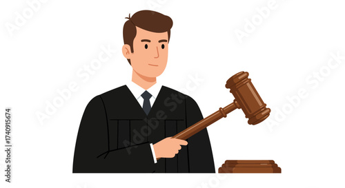 Judge in robe holds gavel near stand facing left