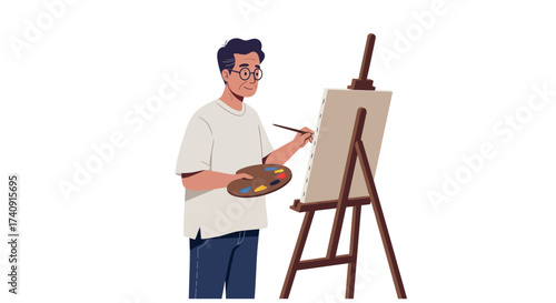 An elderly man with glasses stands painting on a canvas with an easel holding a palette