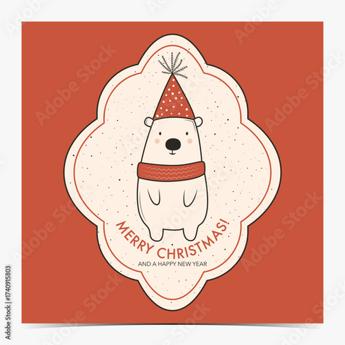 Merry Christmas - cute greeting card, postcard, invitation with an adorable white polar bear on a cream and red background, vector illustration