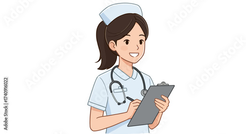 Cartoon nurse in uniform writing on clipboard stethoscope around neck