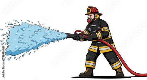 Firefighter holds hose sprays water outward